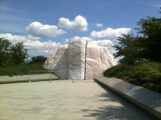 MLK Jr Memorial from rear, with scaffolding and covering, 5 August 2013