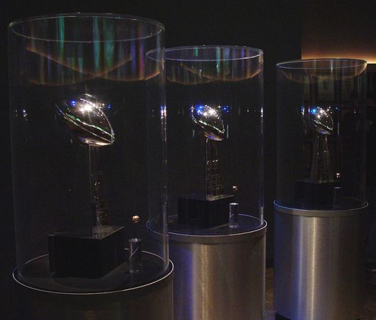 The first three of the Green Bay Back Super Bowl trophies. The team would add a fourth the year after this photo was taken.
