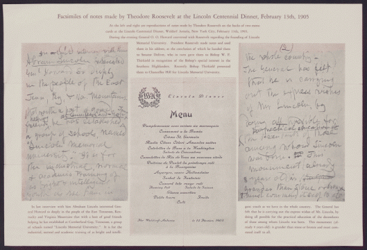 Reproductions of the menu and Roosevelt’s semi-extemporaneous remarks on behalf of Lincoln Memorial University