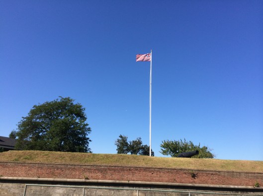 The Colonial Era Grand Union flying over Fort Jay today. Look closely at the canton and you will see the Union Jack.