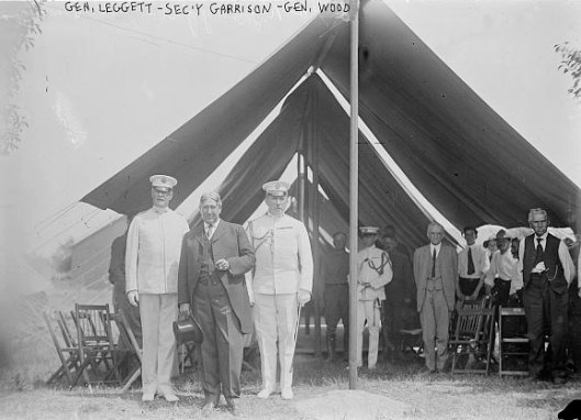 Hunter Liggett, Secretary Garrison, and Leonard Wood at the Gettysburg reunion, 1913. Note the white uniforms worn in the late June-early July summer heat.