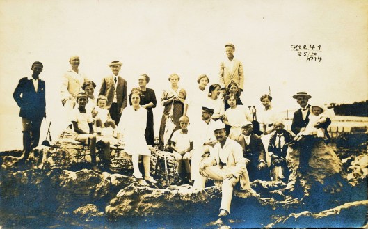 Béla Zombory-Moldován (front) and friends at Novi Vinodolski, Croatia, 25 July 1914. Three days later, Austria-Hungary declared war against Serbia. Seated behind Béla and wearing a naval cap is Ervin Voit, cousin of the composer Béla Bartók.