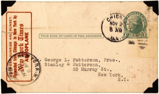 One of the approximately 1000 pieces of mail Victor Carlstrom carried on his flight