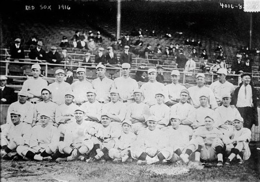 The United States was not yet involved in the Great War when the Boston Red Sox won the World Series in 1916. Still, Canadians were playing the game overseas in military leagues. Note Babe Ruth sitting fourth from the left.